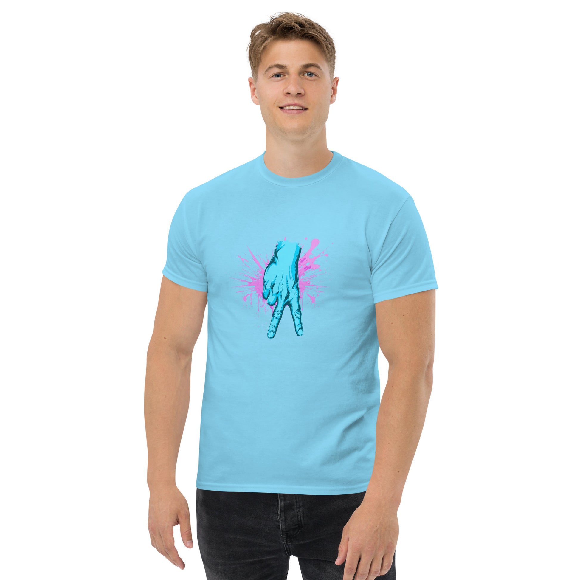 A sky blue shirt featuring a stylized cyan and pink graphic of a catcher's hand signing for one of baseball's most feared pitches, the curveball.