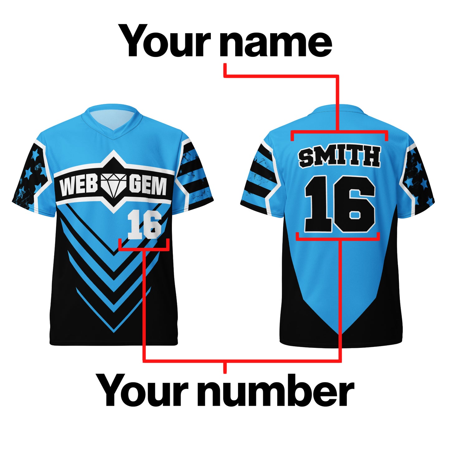 Details of the name and number personalized elements on the front and back of the Web Gem Baseball Jersey.