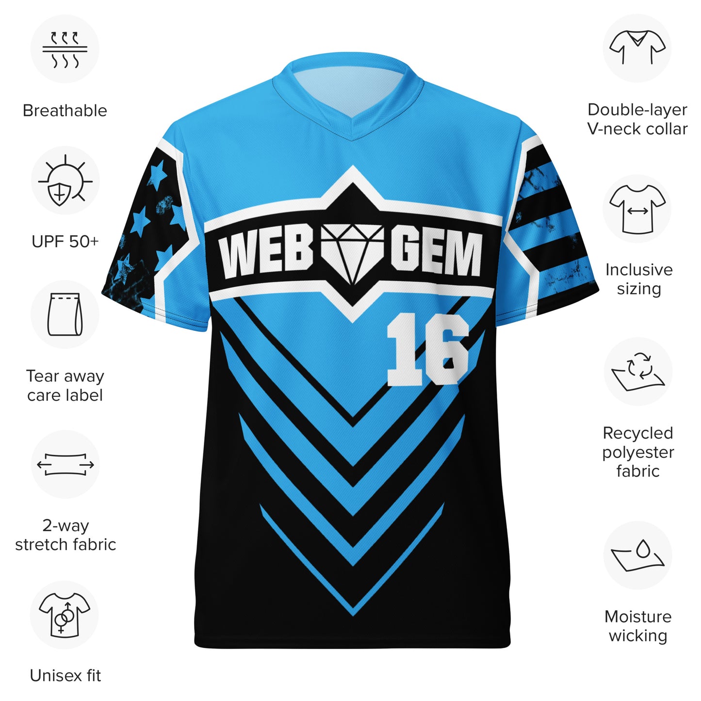 Product details of the Web Gem Baseball Jersey including breathable design and UPF50+ protection.