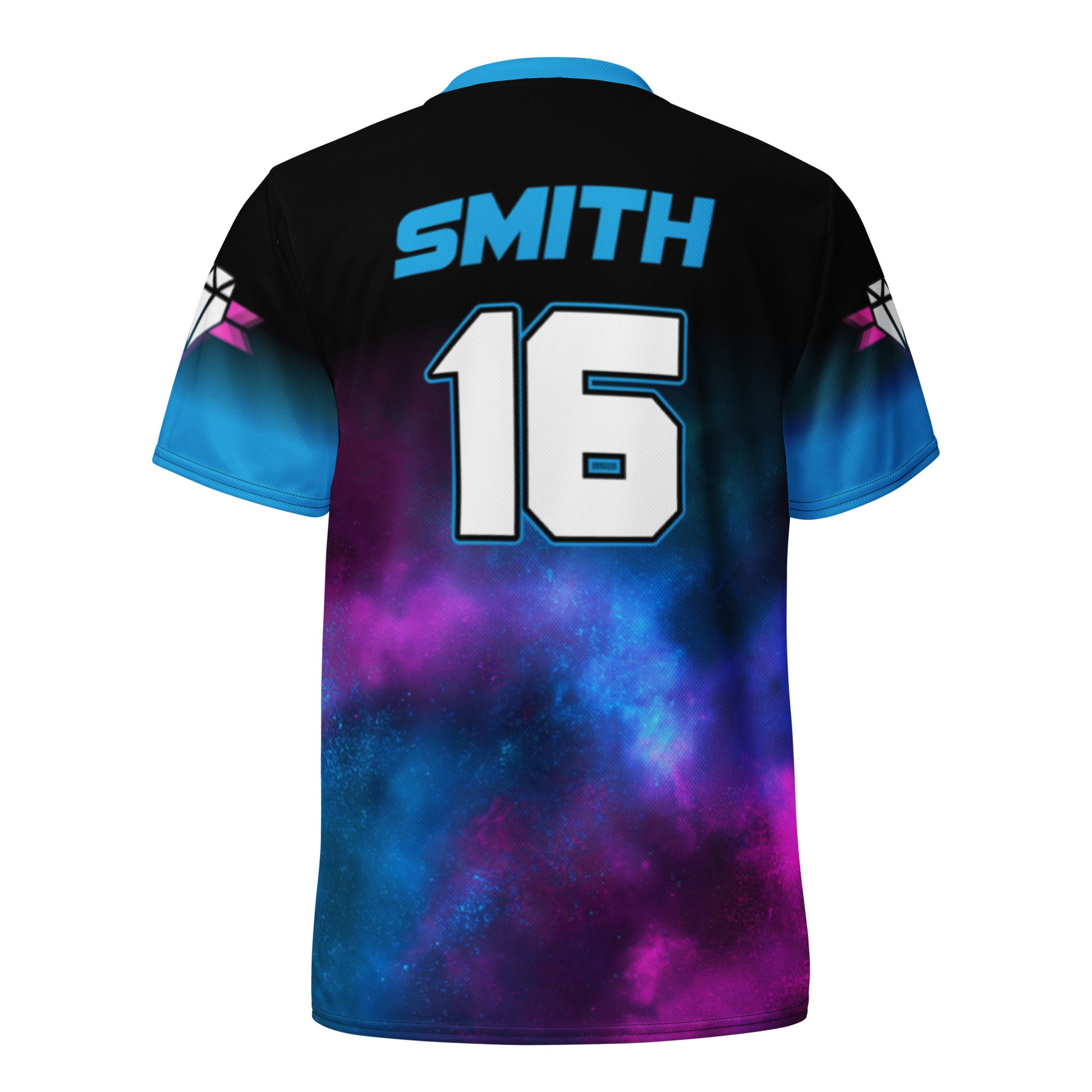 Back view of the Supernova Baseball Jersey showcasing name and number personalization in a bold blue font.