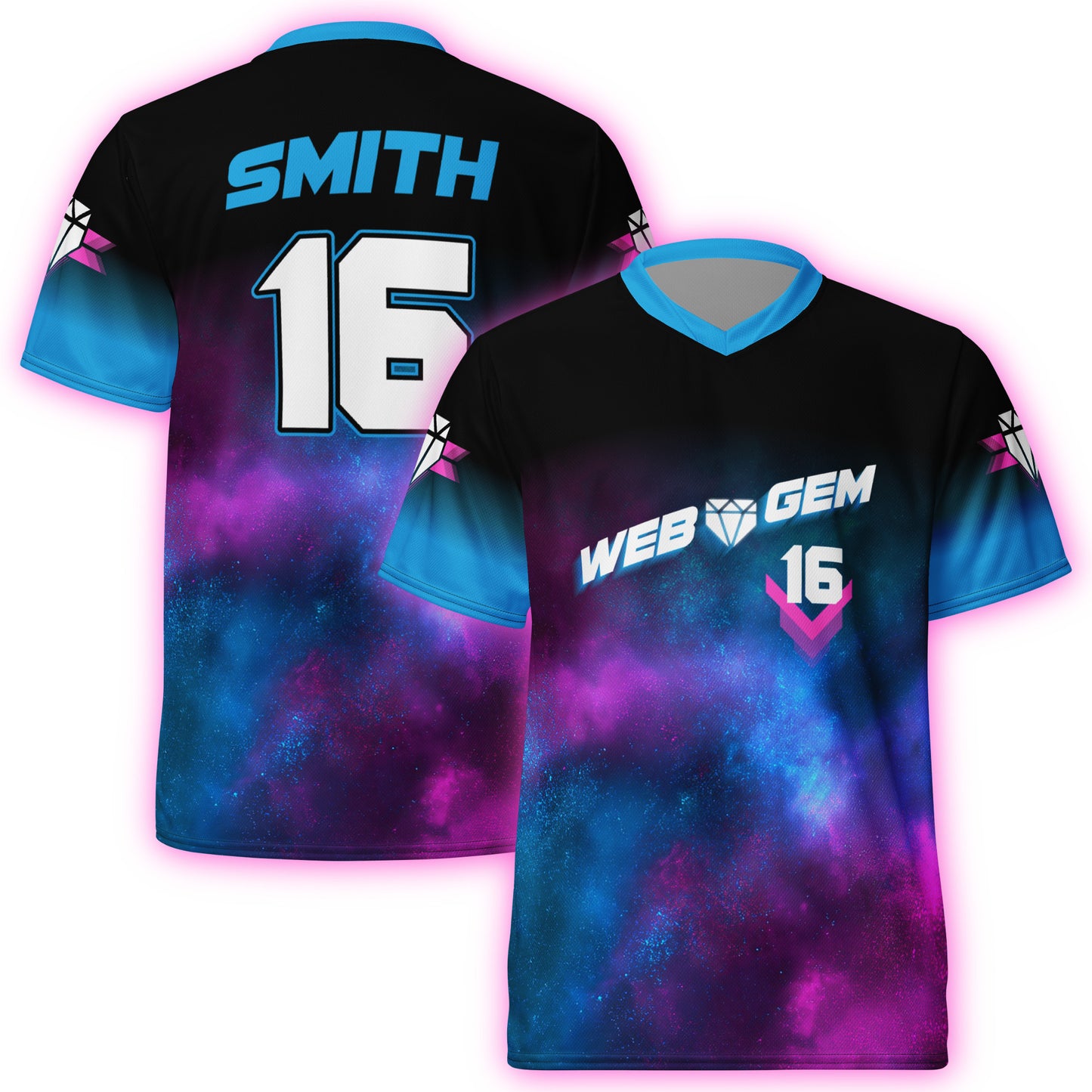 Custom Web Gem Supernova Baseball Jersey - blue, pink, black, and purple galaxy print jersey for kids, teens, and adult players.