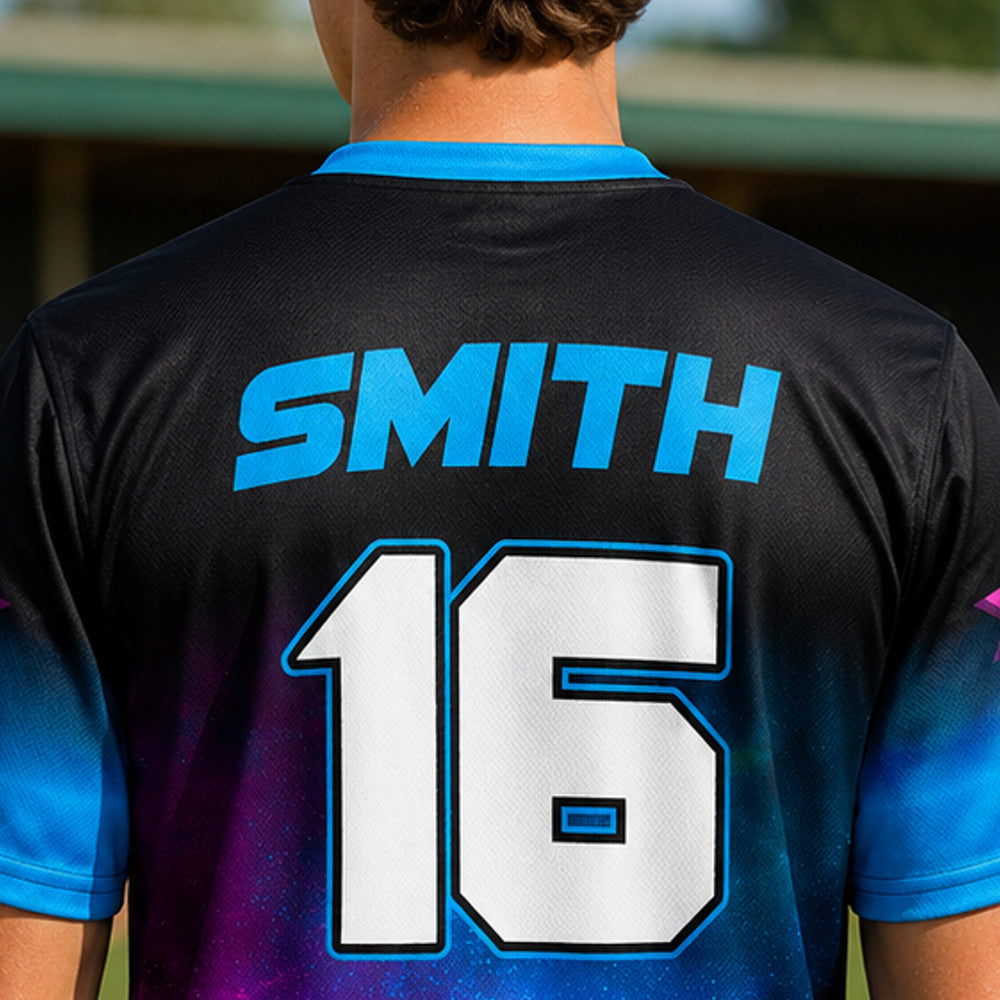 A baseball player wearing the Supernova Baseball Jersey, showcasing the name and number customization on the back.
