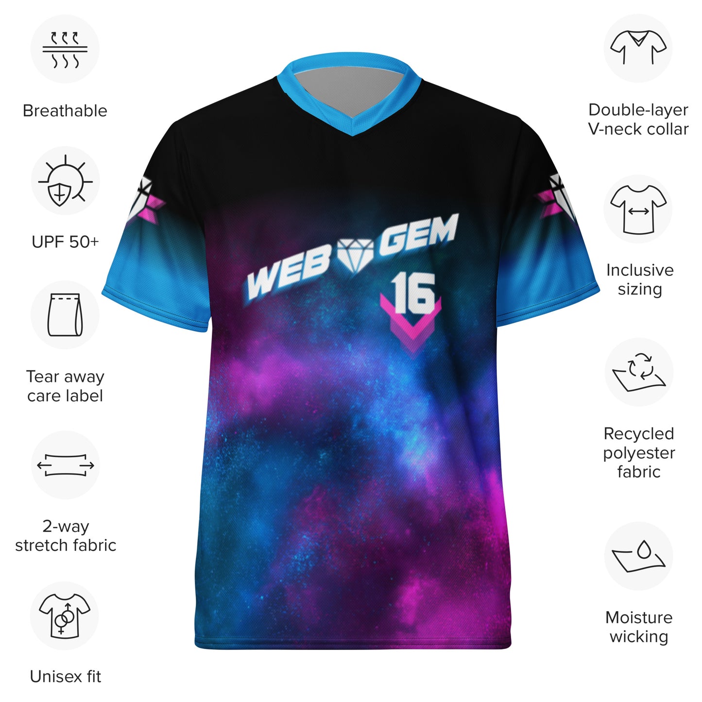 Product details of the Web Gem Supernova Jersey including breathable design and UPF50+ protection.
