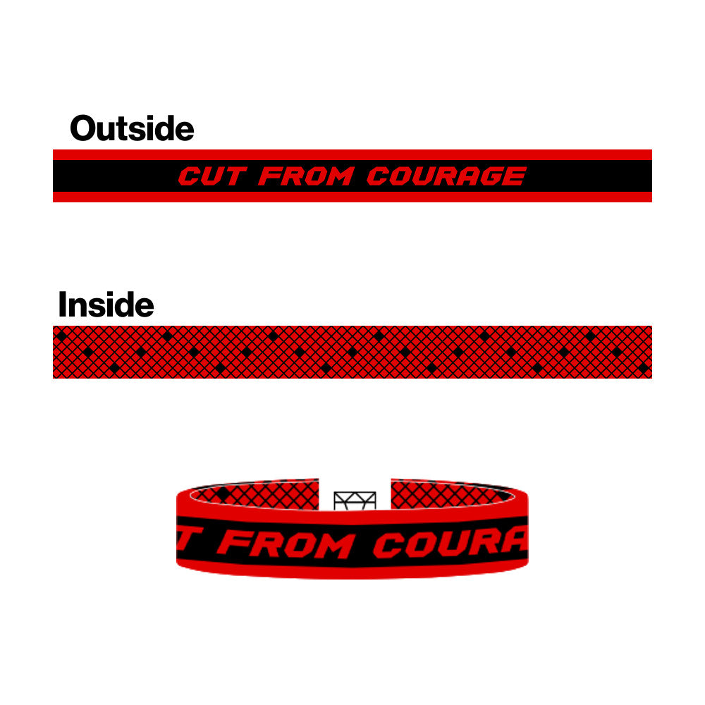 Cut from Courage design graphic showcasing the double sided elastic wristband features.