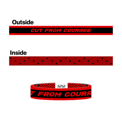 Cut from Courage design graphic showcasing the double sided elastic wristband features.