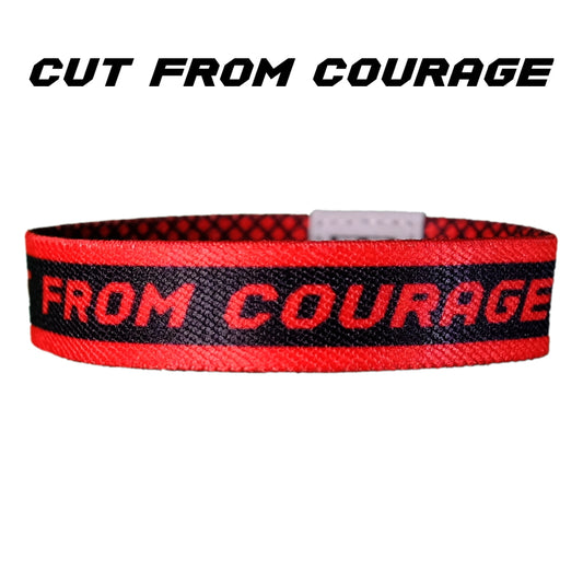 Cut from Courage Baseball outer design with red text on a black elastic wristband.