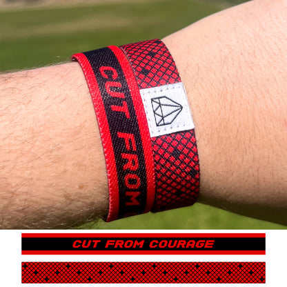 Cut From Courage double-sided elastic wristband designs shown on a baseball player.