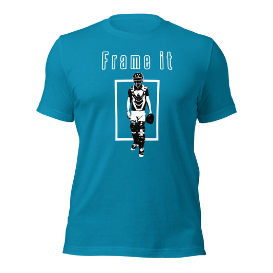 The aqua Frame It shirt with a baseball catcher silhouette from Web Gem Apparel.