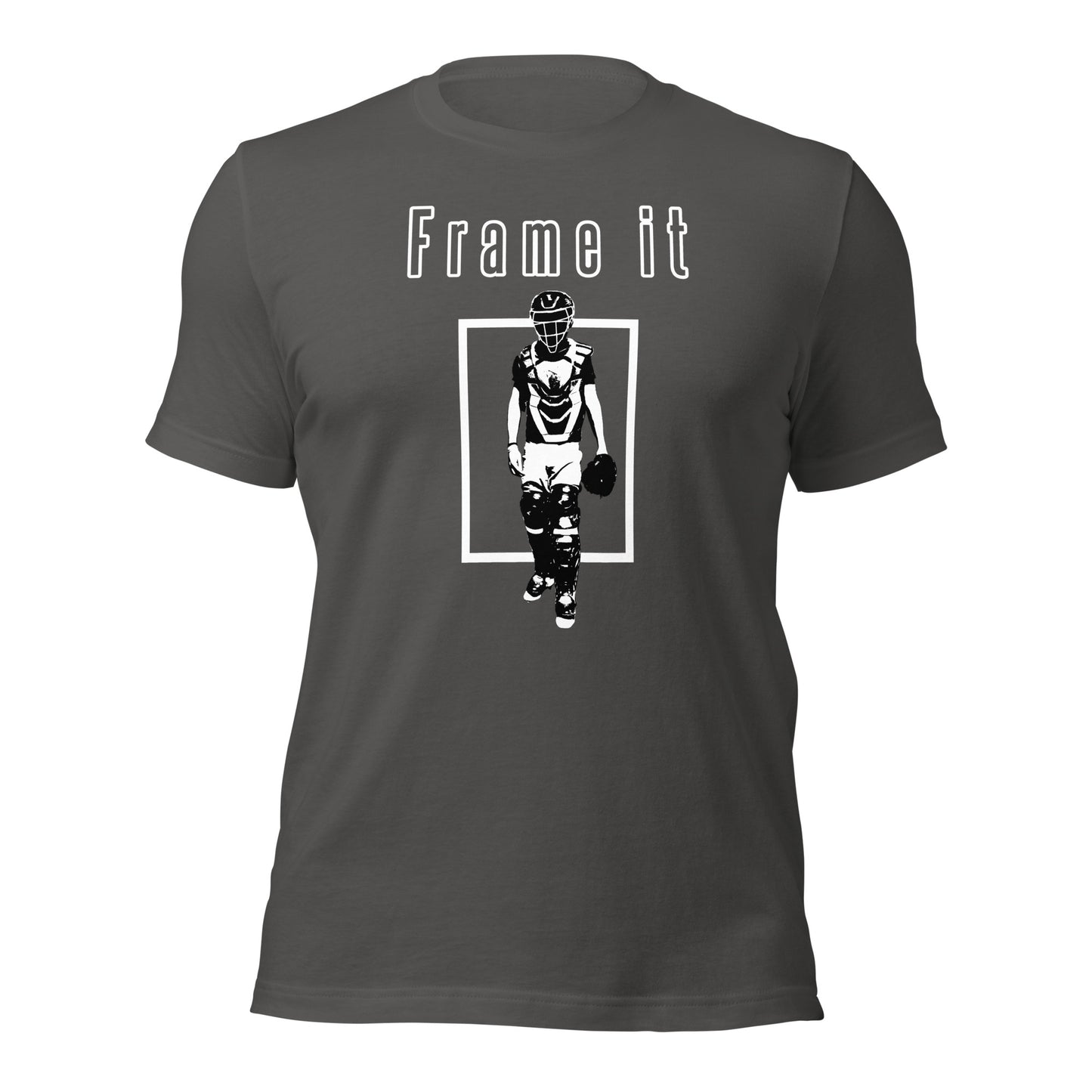 The asphalt Frame It shirt with a baseball catcher silhouette from Web Gem Apparel.