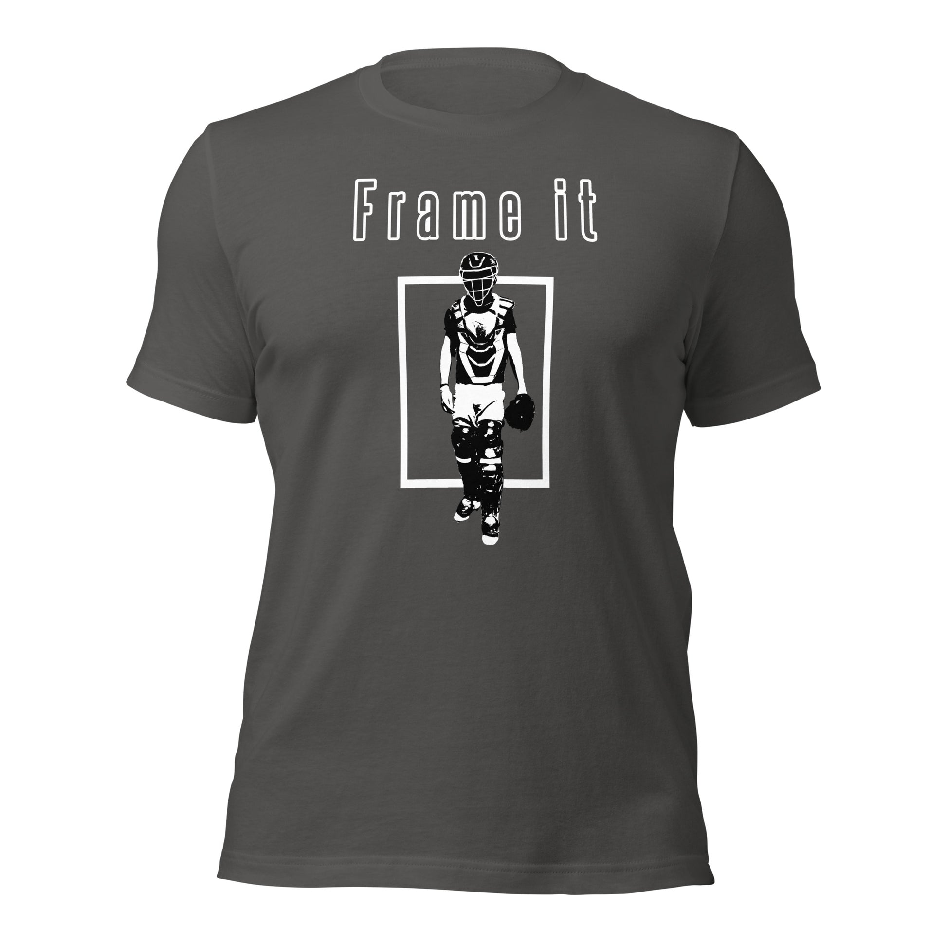 The asphalt Frame It shirt with a baseball catcher silhouette from Web Gem Apparel.