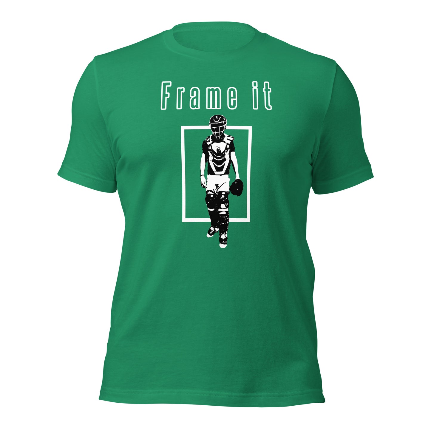 The green Frame It shirt with a baseball catcher silhouette from Web Gem Apparel.