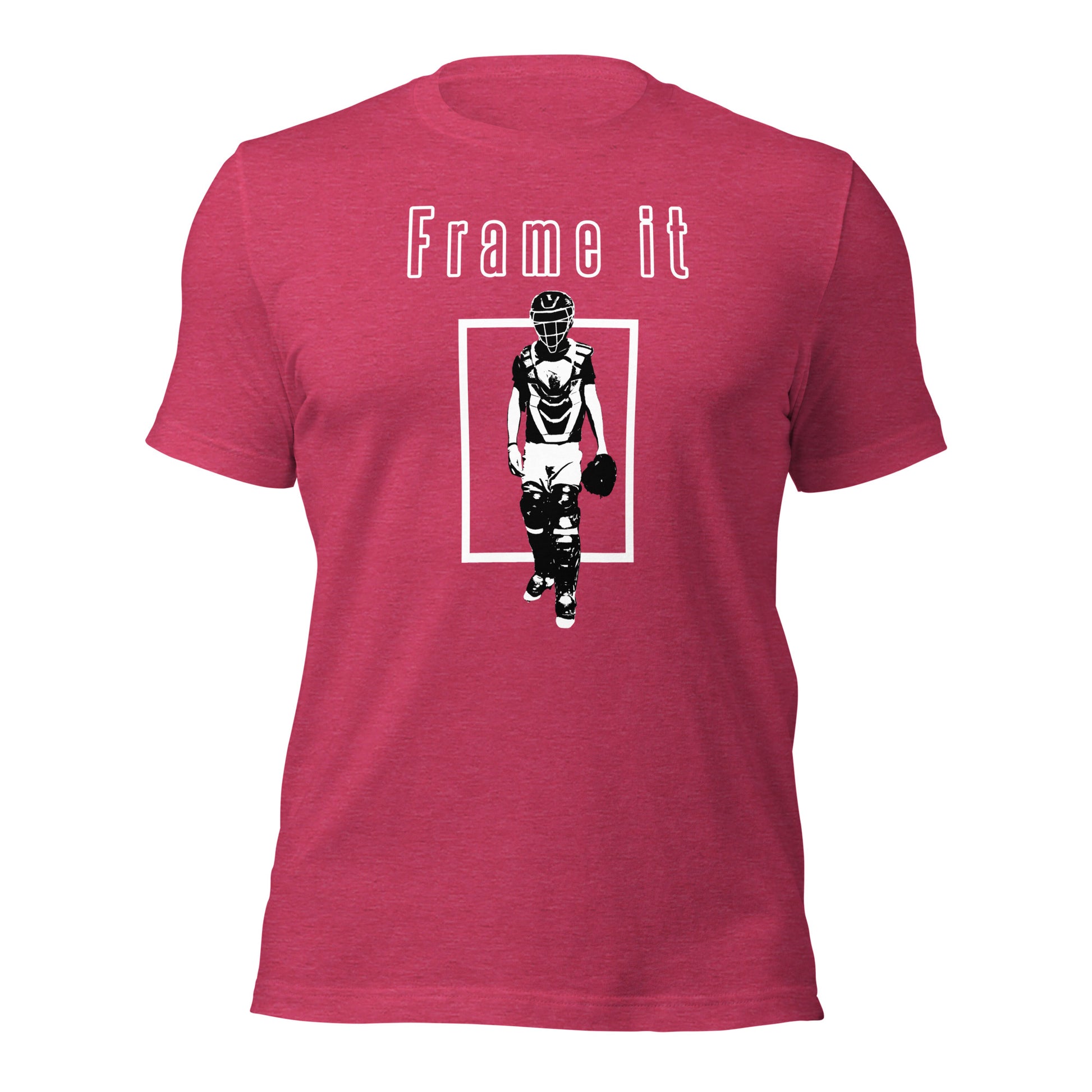 The red Frame It shirt with a baseball catcher silhouette from Web Gem Apparel.