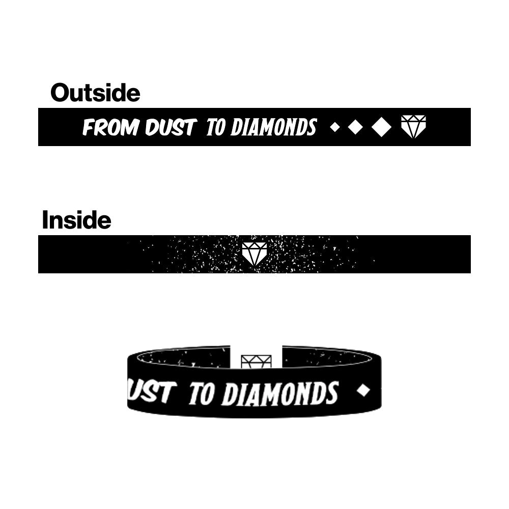 From Dust to Diamonds design graphic showcasing the double sided elastic wristband features.