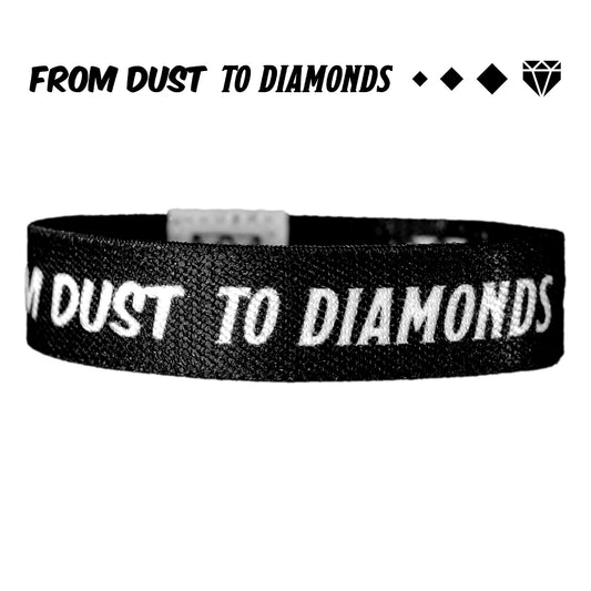From Dust to Diamonds Baseball outer design with white text on a black elastic wristband.