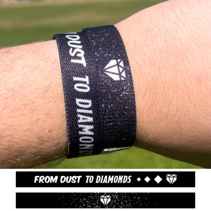 From Dust to Diamonds double-sided elastic wristband designs shown on a baseball player.