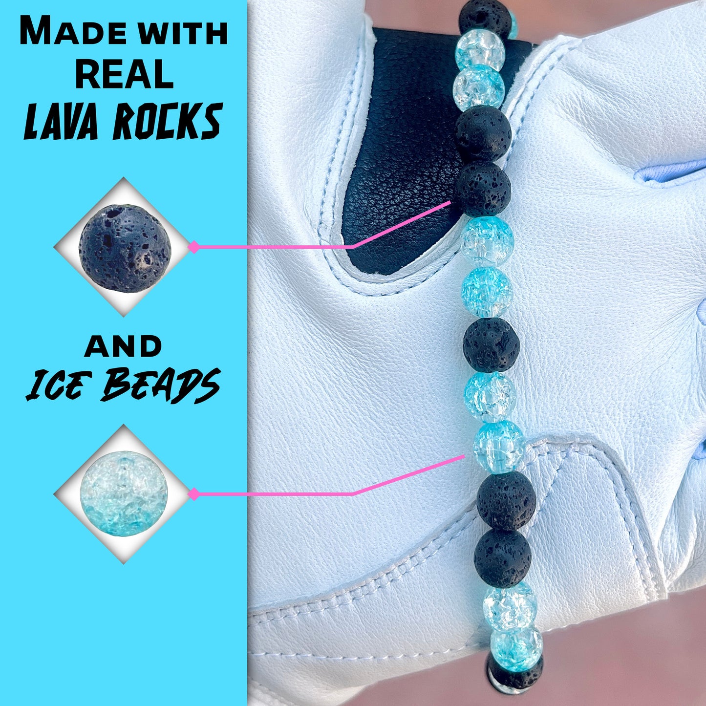 Close-up of black lava rocks and baby blue ice beads on the hand crafted baseball accessory.