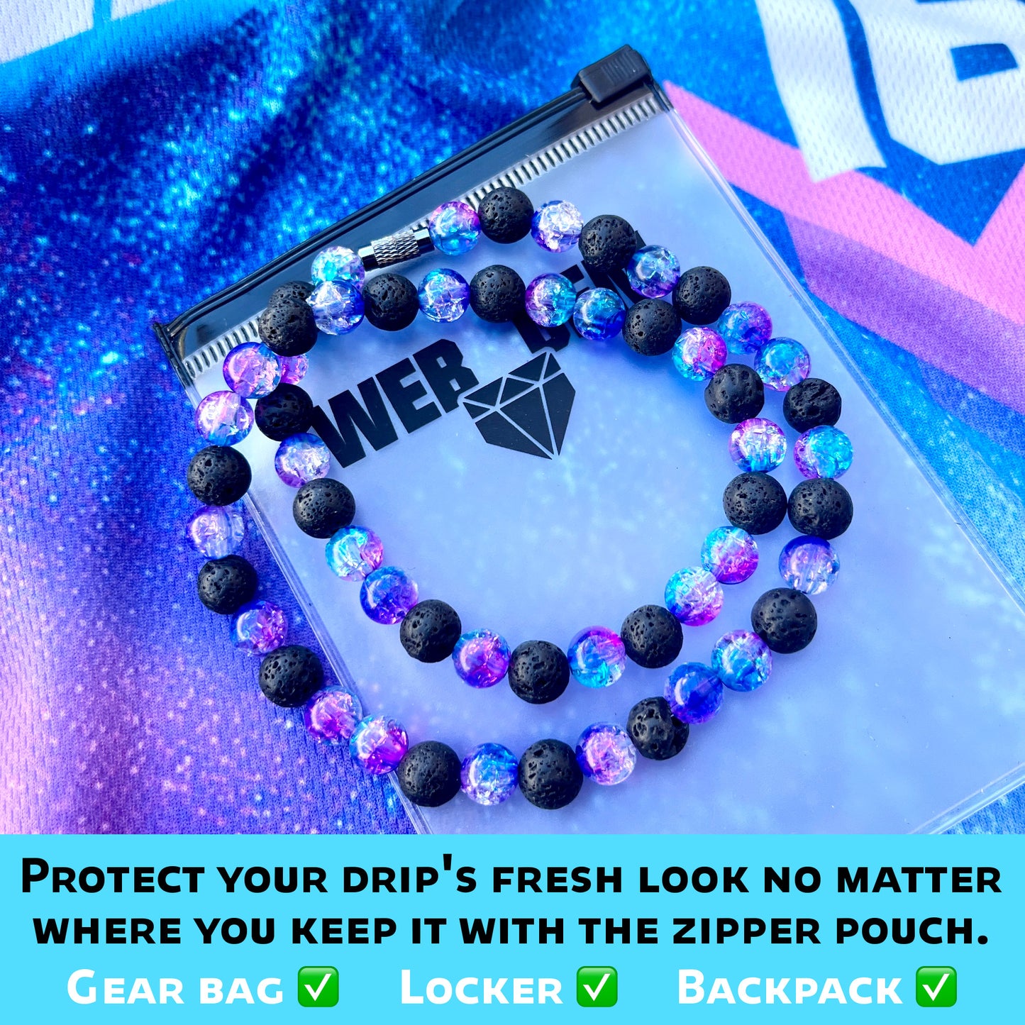 Galaxy inside the reusable zipper bag with Web Gem Apparel logo for storing game-day drip.