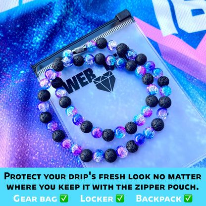 Galaxy inside the reusable zipper bag with Web Gem Apparel logo for storing game-day drip.