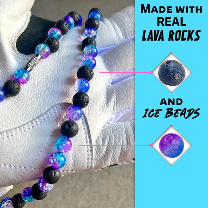 Close-up of black lava rocks and nebula ice beads on the hand crafted baseball accessory.