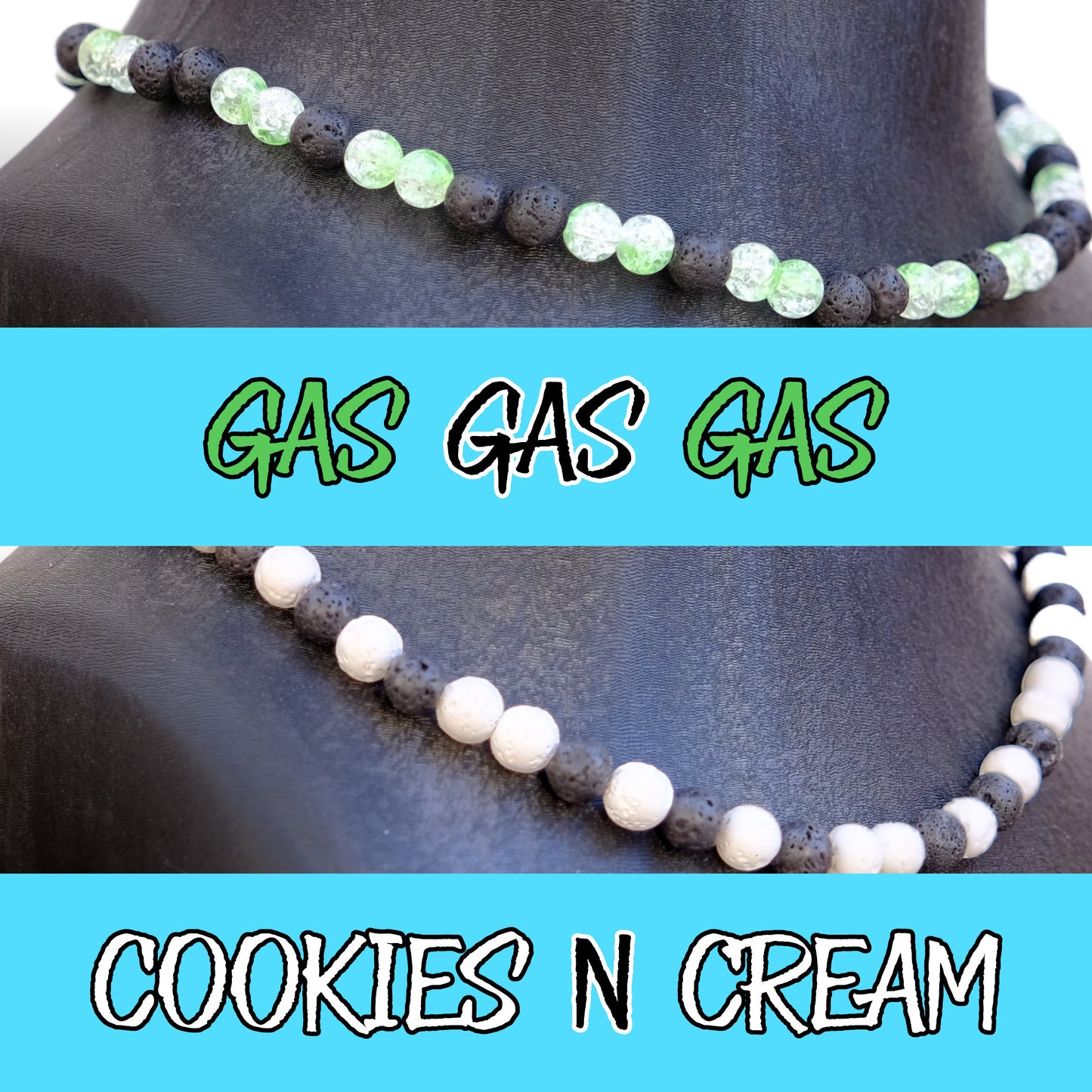 Gas Gas Gas and Cookies n Cream baseball game-day necklace colorway showcase.