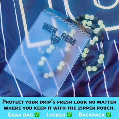 Gas Gas Gas inside the reusable zipper bag with Web Gem Apparel logo for storing game-day drip.