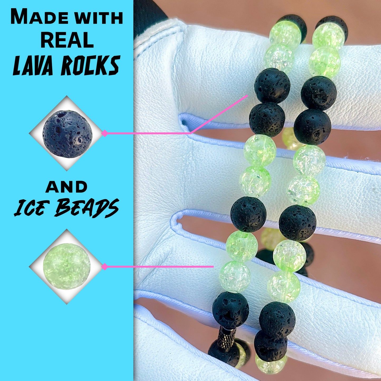 Close-up of black lava rocks and lime ice beads on the hand crafted baseball accessory.