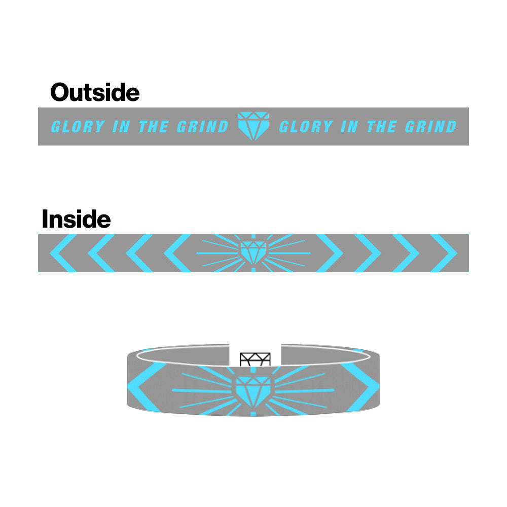 Glory in the Grind design graphic showcasing the double sided elastic wristband features.