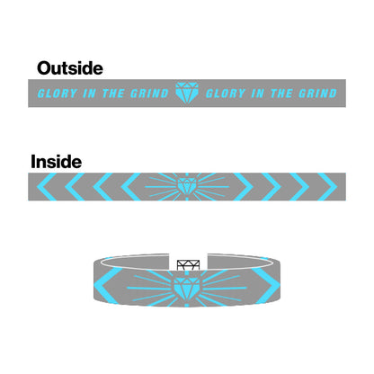 Glory in the Grind design graphic showcasing the double sided elastic wristband features.