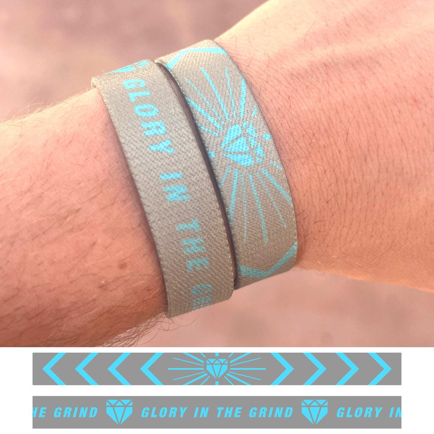 Glory in the Grind double-sided elastic wristband designs shown on a baseball player.
