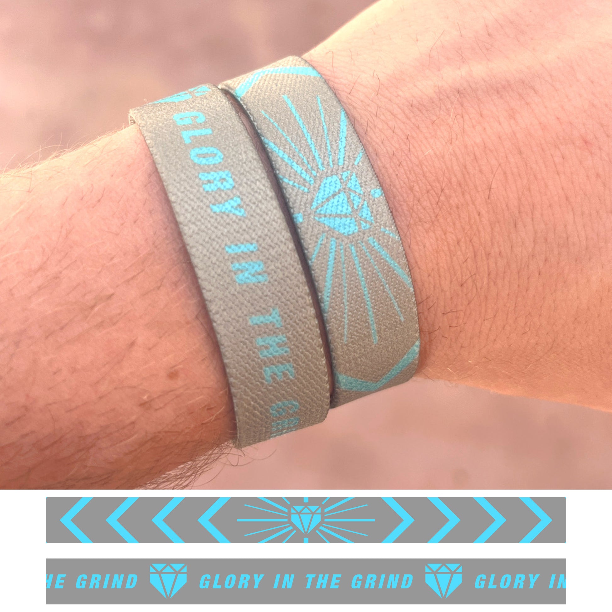 Glory in the Grind double-sided elastic wristband designs shown on a baseball player.