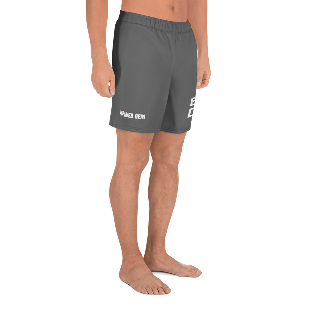 The right side of the gray BP Day shorts with Web Gem logo perfect for gym and athletic wear.