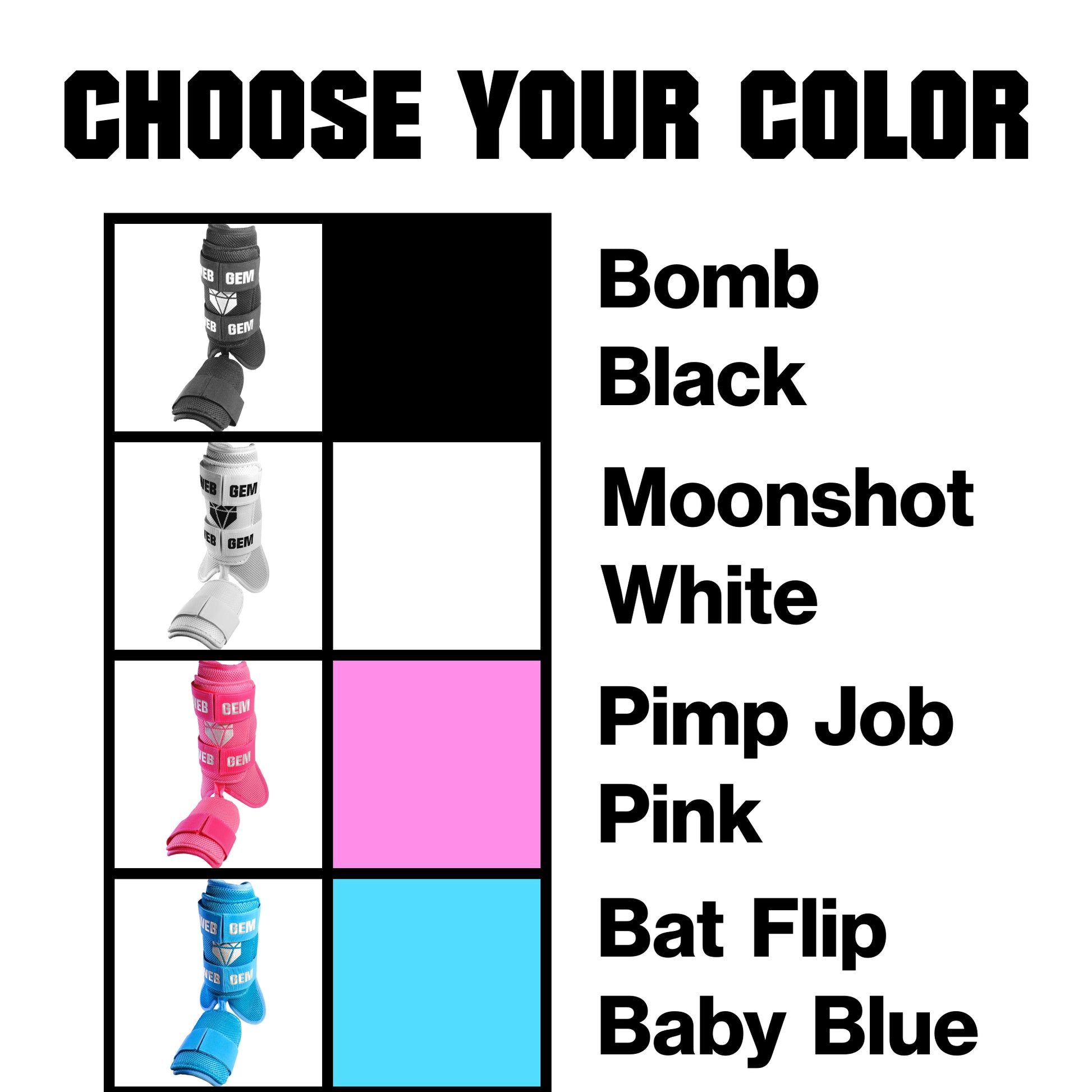 Available bundle colors for the Web Gem Apparel Leg Guard.