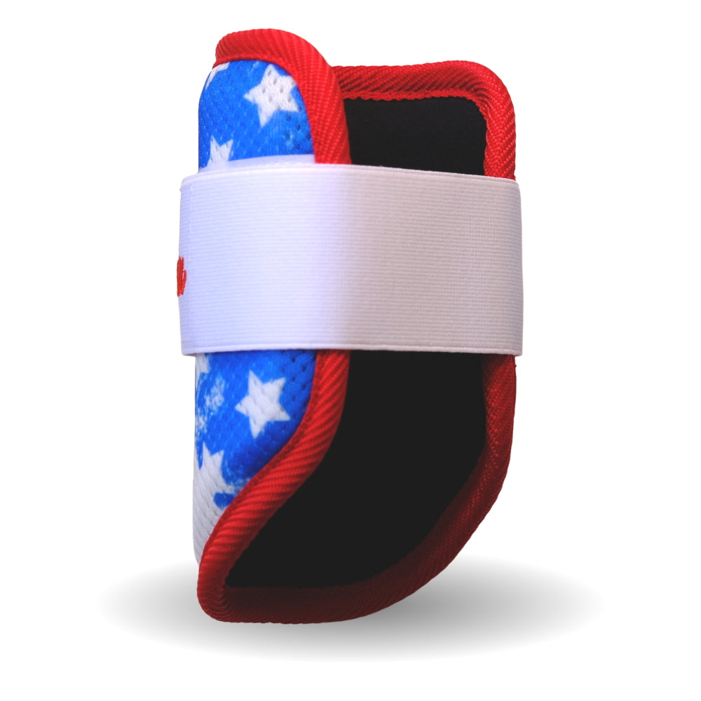Back view of Liberty Bomb Baseball Elbow Guard showing adjustable Velcro strap and ergonomic design