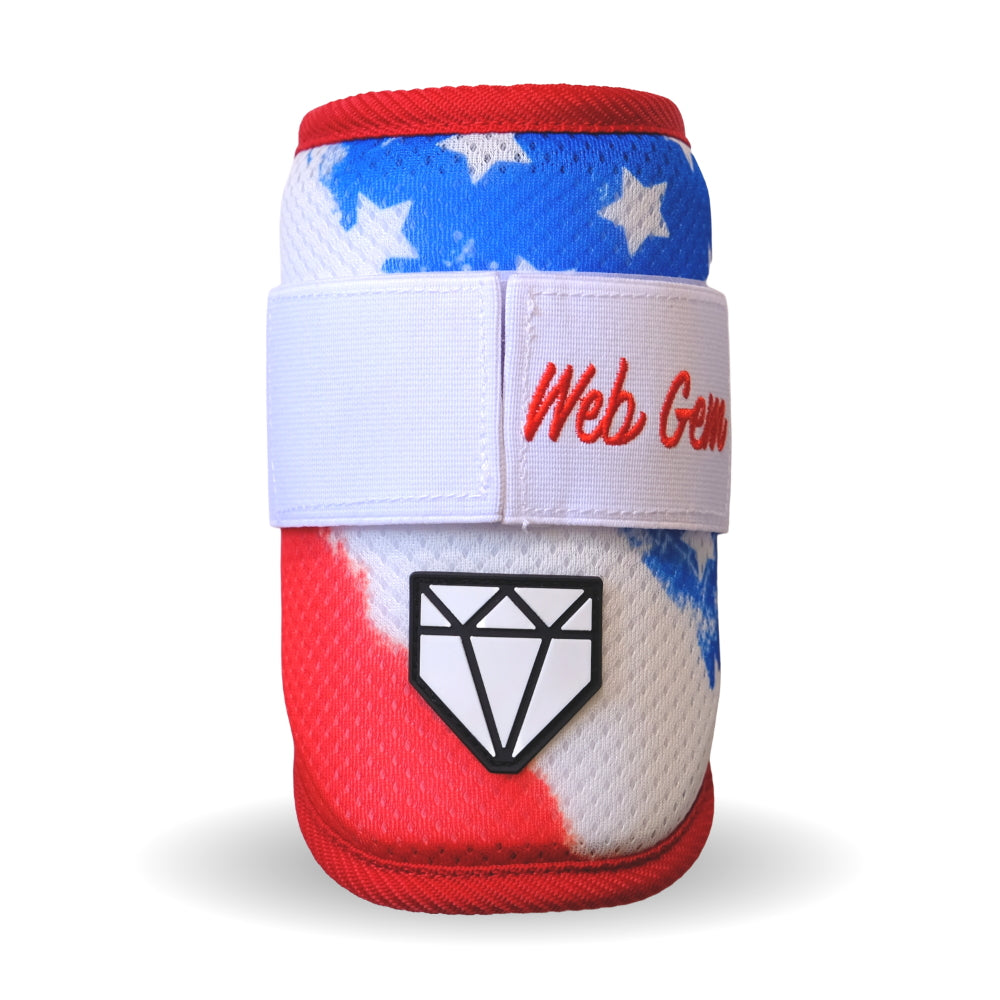 Front view of Liberty Bomb Baseball Elbow Guard showing emrboidery and logo emblem
