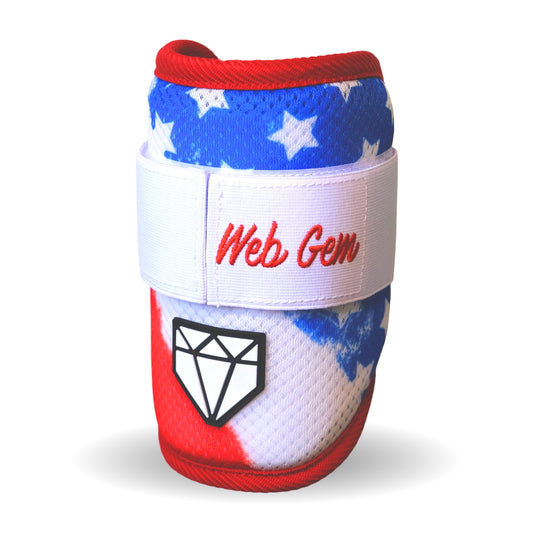 Web Gem Liberty Bomb Baseball Elbow Guard – red, white, and blue protective gear for youth, travel ball, and high school hitters
