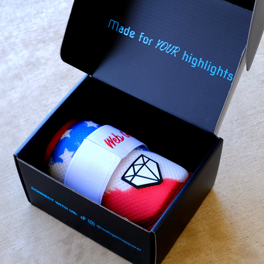 The Liberty Bomb Baseball Elbow Guard packaged inside the box, showing Made for Your Highlights branding