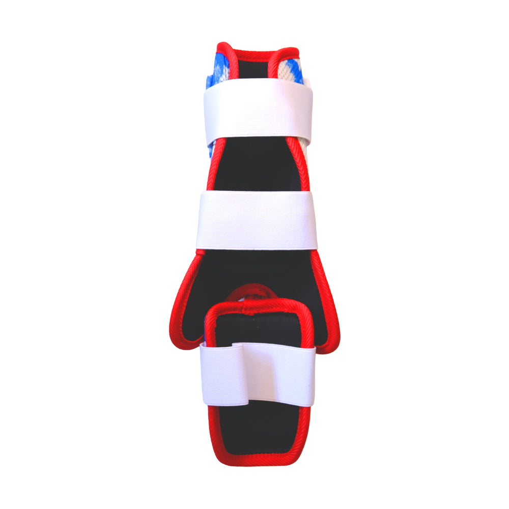 Back view of Liberty Bomb Baseball Leg Guard showing adjustable Velcro straps and ergonomic design
