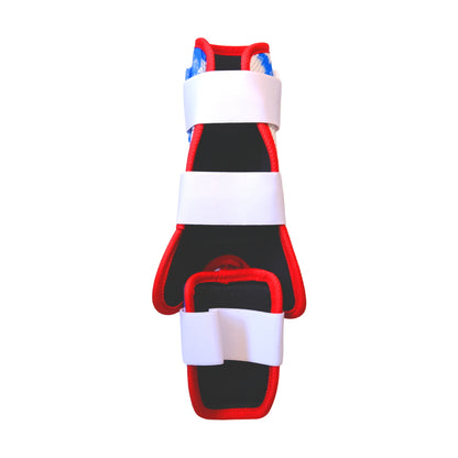 Back view of Liberty Bomb Baseball Leg Guard showing adjustable Velcro straps and ergonomic design