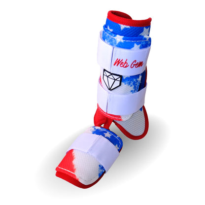 Web Gem Liberty Bomb Baseball Leg Guard – red, white, and blue protective gear for youth, travel ball, and high school hitters