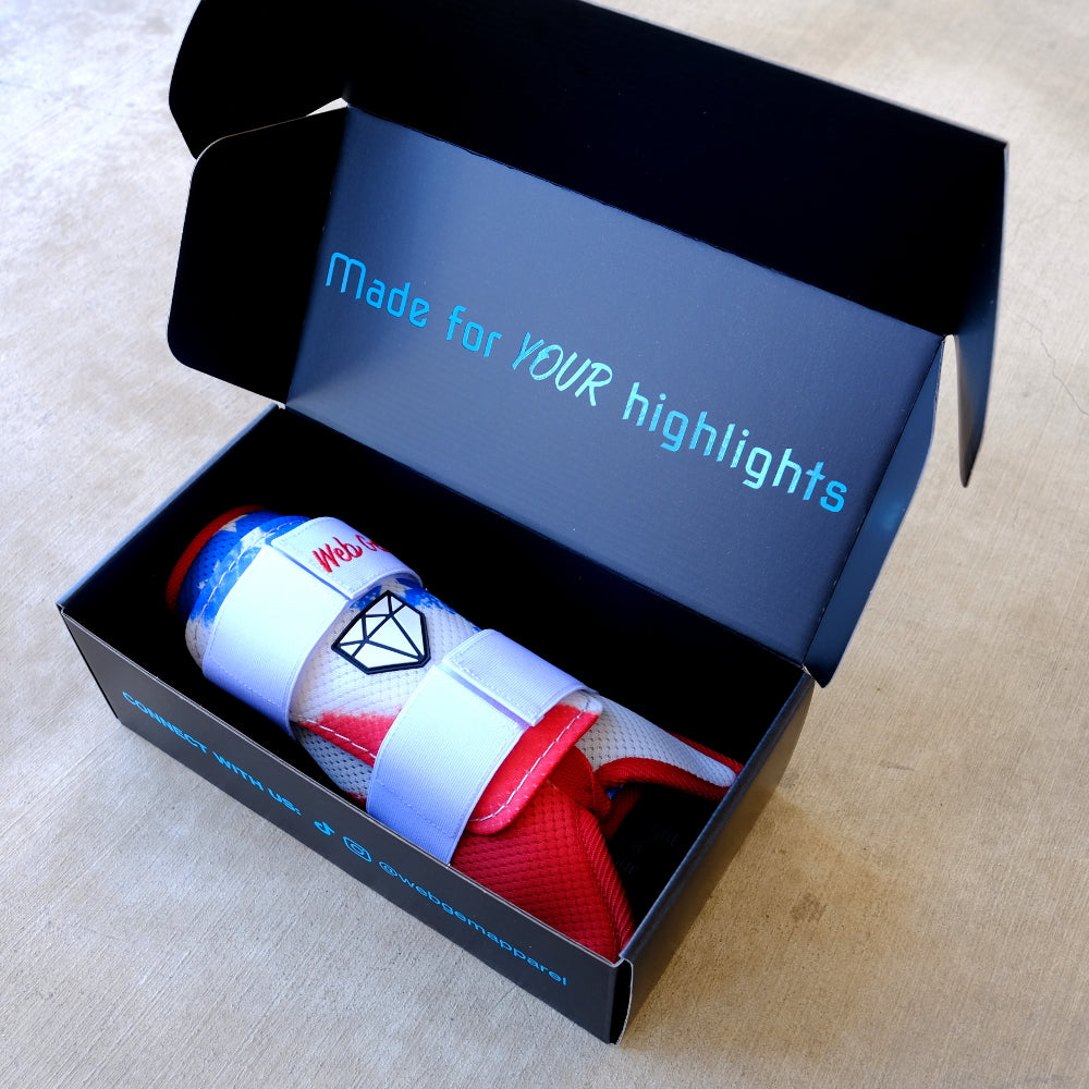 The Liberty Bomb Baseball Leg Guard packaged inside the box, showing Made for Your Highlights branding