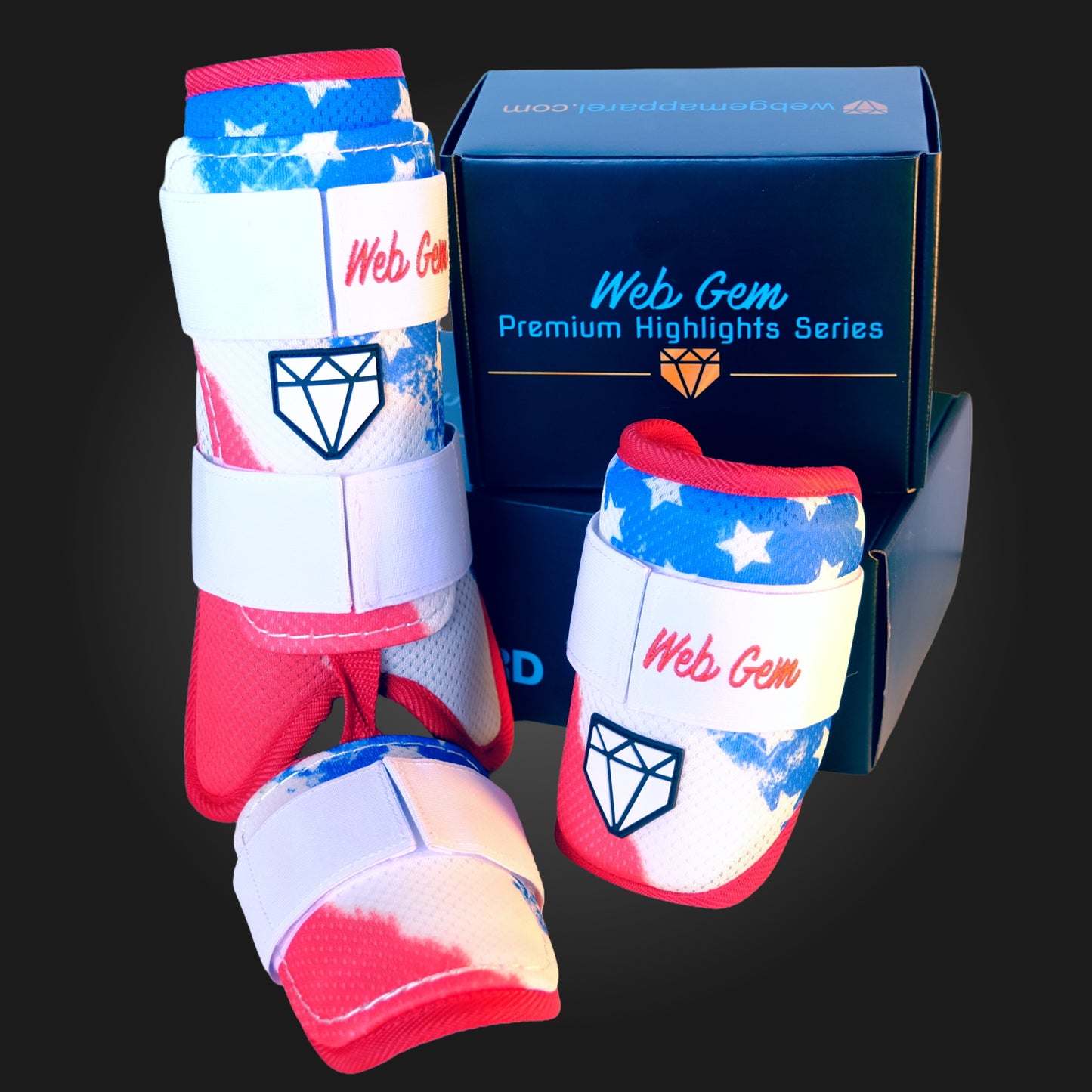 Web Gem Liberty Bomb Bundle – red, white, and blue baseball Elbow Guard and Leg Guard protective gear for youth, travel ball, and high school hitters.