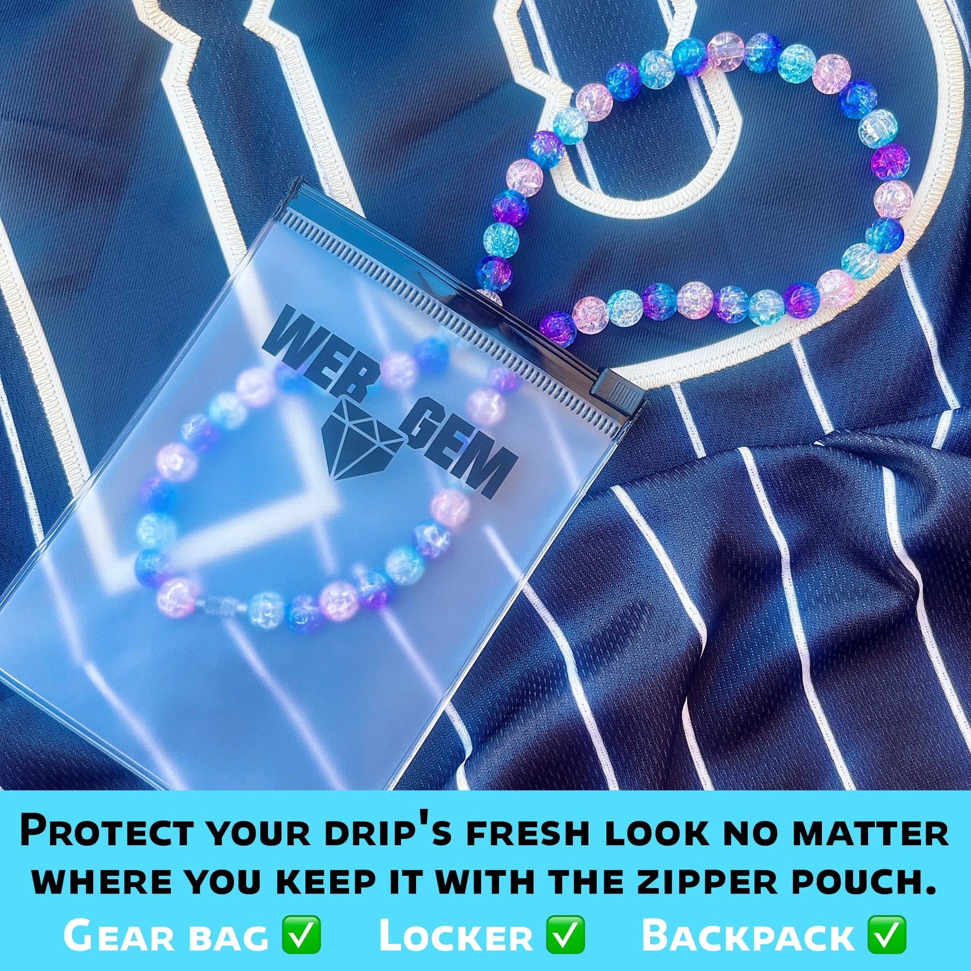 Miami Nights inside the reusable zipper bag with Web Gem Apparel logo for storing game-day drip.