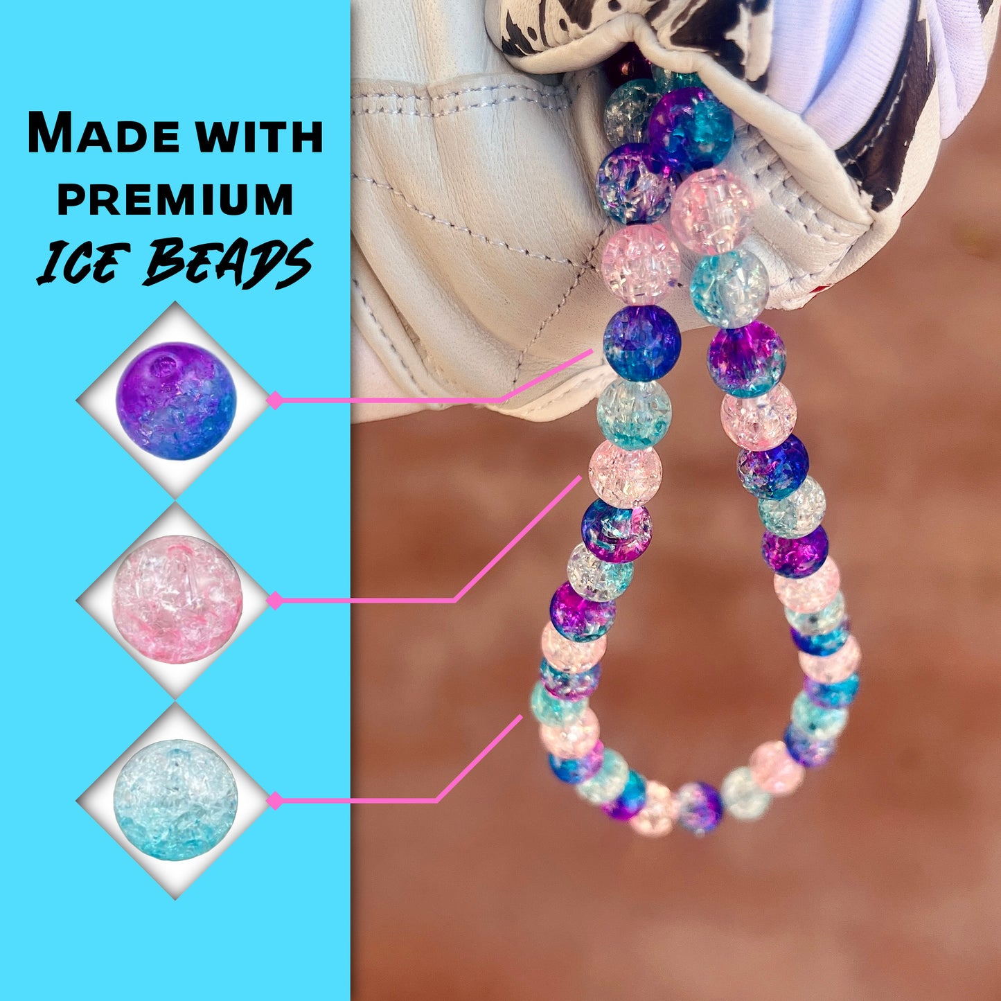 Close-up of blue, pink, and nebula ice beads on the hand crafted baseball accessory.