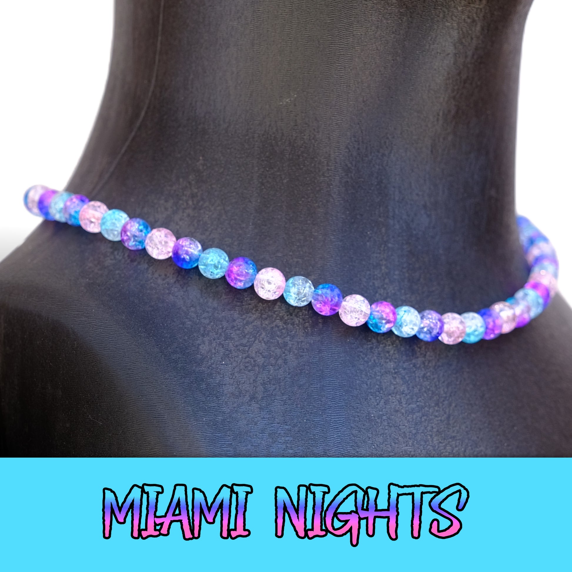 Miami Nights Baseball Necklace with blue, pink, and nebula ice beads designed for players.