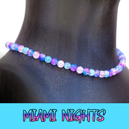 Miami Nights Baseball Necklace with blue, pink, and nebula ice beads designed for players.