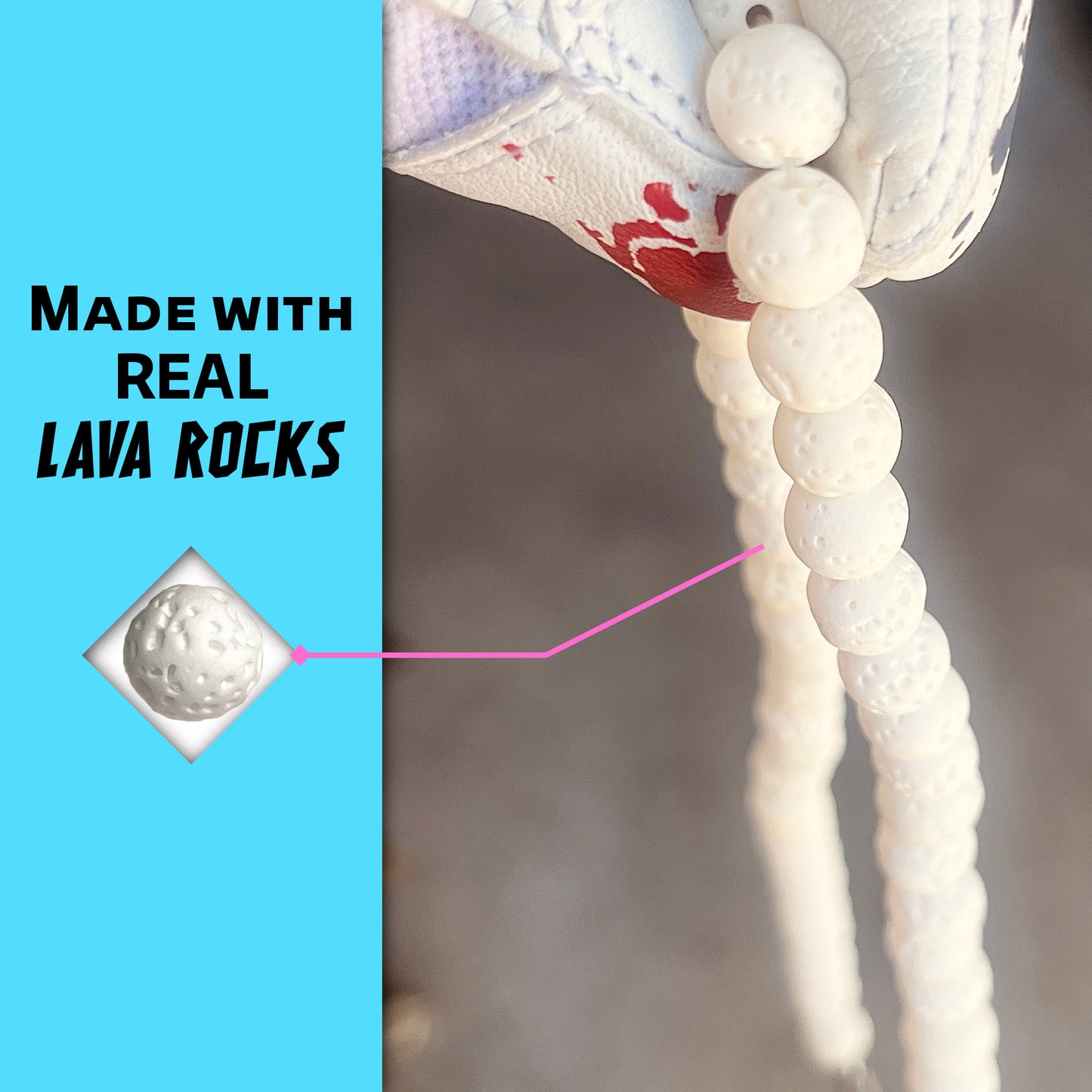 Close-up of white lava rocks on the hand crafted baseball accessory.