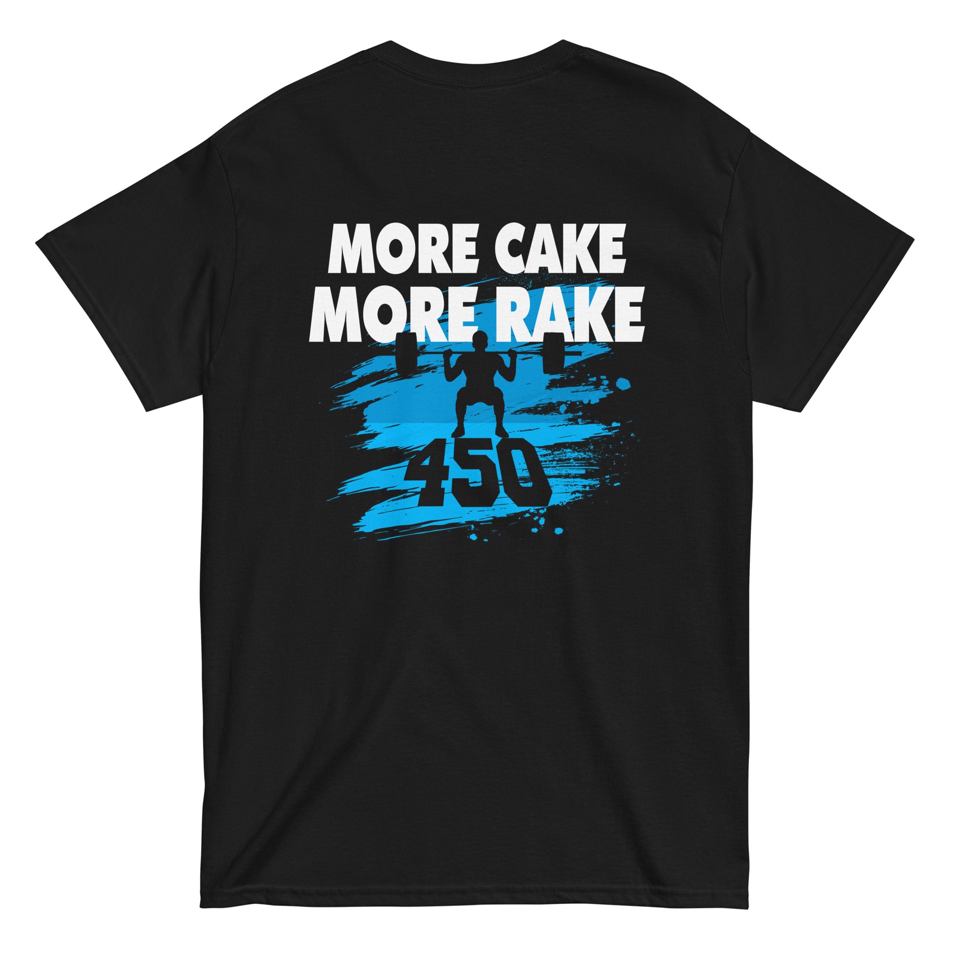 A back view showing the blue graphic on the black shirt.