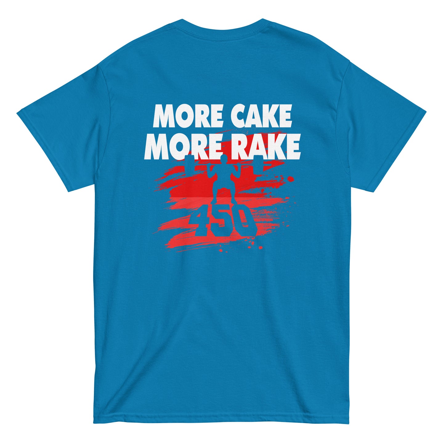 A back view showing the orange graphic on the blue shirt.