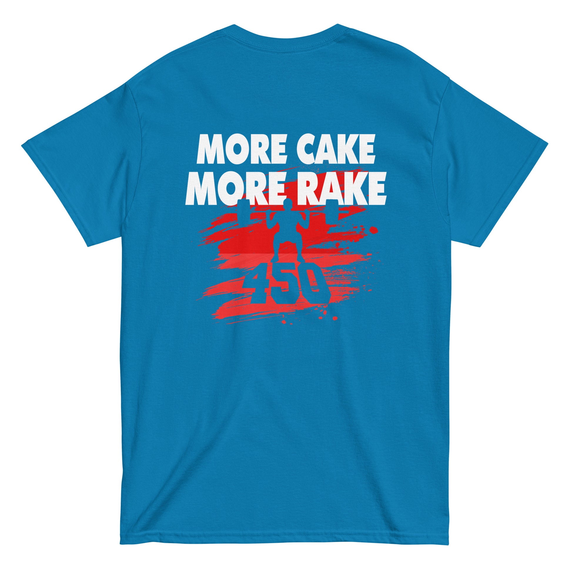 A back view showing the orange graphic on the blue shirt.