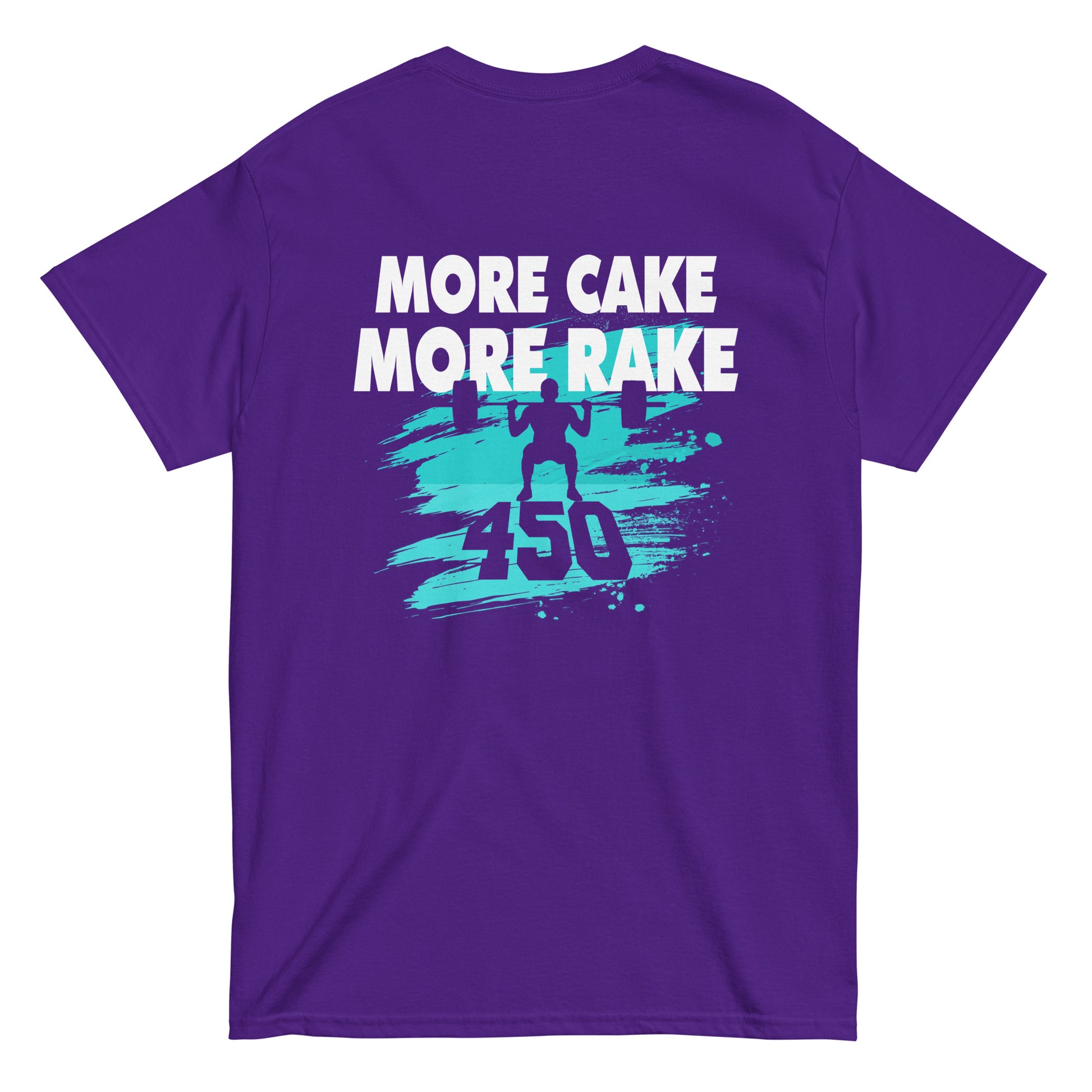 A back view showing the teal graphic on the purple shirt.